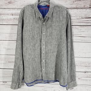 Report Collection Gray with Blue Trim 100%Linen Button Up Shirt Size XL